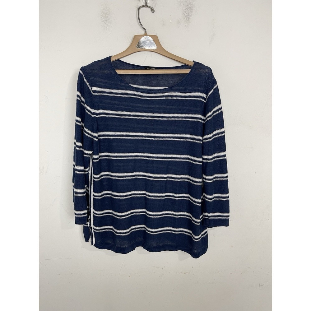 Talbots Women Sweater Large Petite Navy Blue 100% Linen Nautical Beachy Coastal